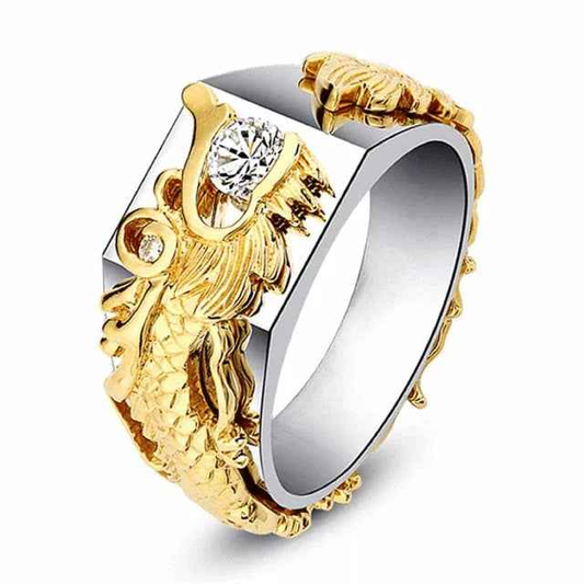 Gold Dragon Zircon Statement Ring by Stylish 3Sixty5, punk style jewelry featuring a bold dragon design on a ring.