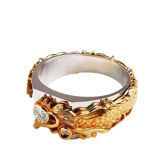 Stylish 3Sixty5 gold Dragon Zircon statement ring with punk style design, featuring intricate dragon details and sparkling zircon accents.