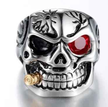 Stylish 3Sixty5 men's stainless steel skull ring with red diamond accents, featuring a bold, detailed skull design.