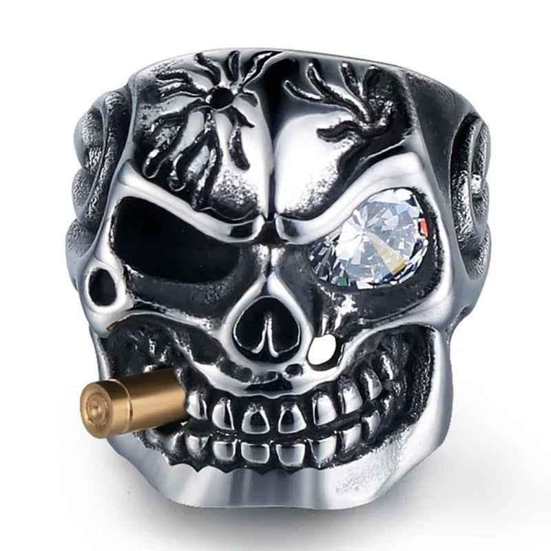 Stylish 3Sixty5 men's stainless steel skull ring with red diamond accents, featuring a bold, edgy design.