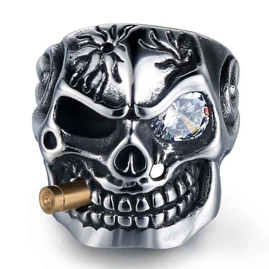 Stylish 3Sixty5 men's stainless steel skull ring with red diamond accents, featuring a bold, edgy design.