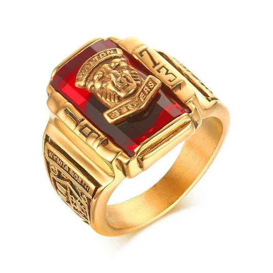 Stylish 3Sixty5 Titan-Tiger 1973 Retro Navy ring in US size 8 with red accents, featuring bold tiger design and vintage style.
