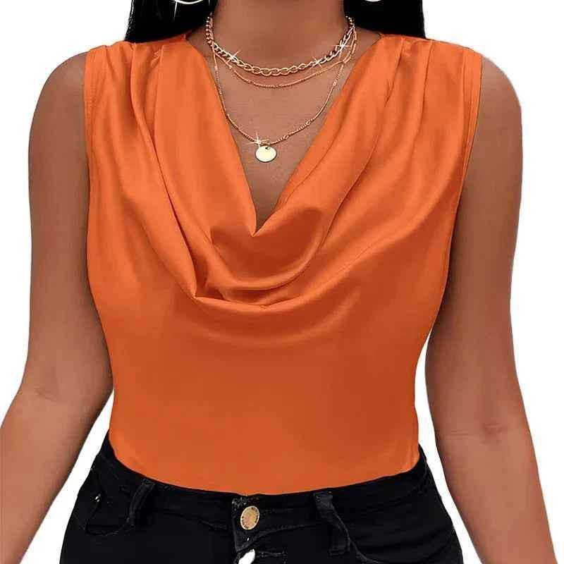 Apricot luxury satin pile collar sleeveless vest by Stylish 3Sixty5, stylish top with smooth satin texture and modern design.