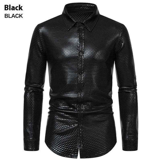 Black Rhombus Bronzed Button-Up Shirt from Stylish 3Sixty5, featuring a classic collar and button front for a modern tops look.