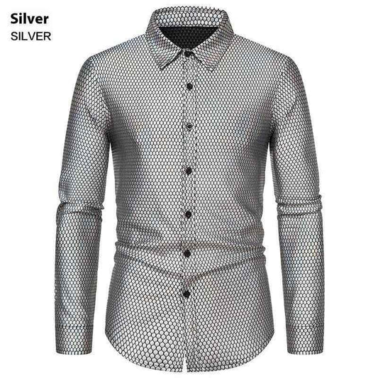 Black Rhombus Bronzed Button-Up Shirt by Stylish 3Sixty5, featuring a classic collar and button closure, worn as a stylish top.