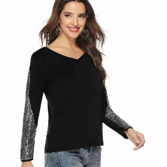 Black women's European Glam Sequin Top by Stylish 3Sixty5, featuring shimmering sequins and a stylish, fitted design.