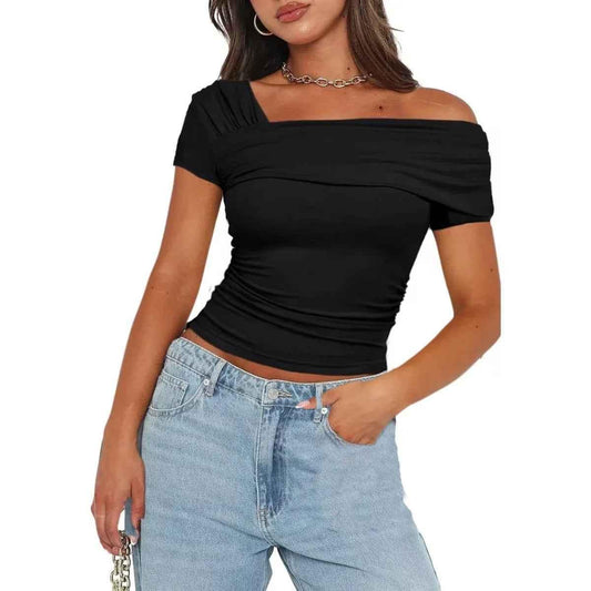 Black women's off-shoulder blouse from Stylish 3Sixty5, stylish top with a glow design, perfect for casual or dressy occasions.