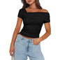Black women's off-shoulder blouse from Stylish 3Sixty5, stylish top with a glow design, perfect for casual or dressy occasions.