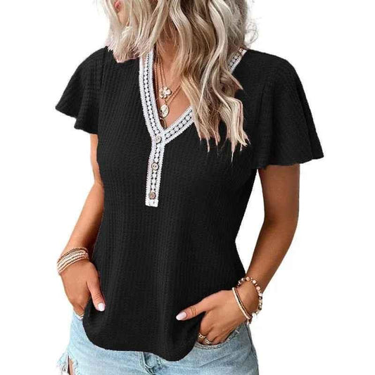 Black women's soft waffle texture T-shirt from Stylish 3Sixty5, casual tops with cozy, breathable fabric and relaxed fit.
