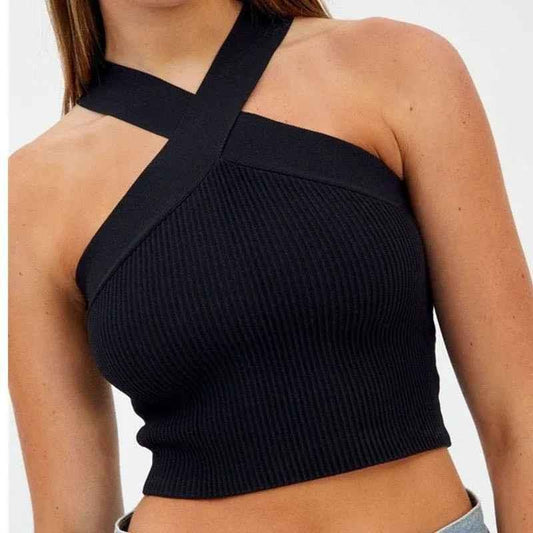 Black Women's Silhouette Stretch Halter Top by Stylish 3Sixty5, close-up of fitted halter neckline and smooth fabric.