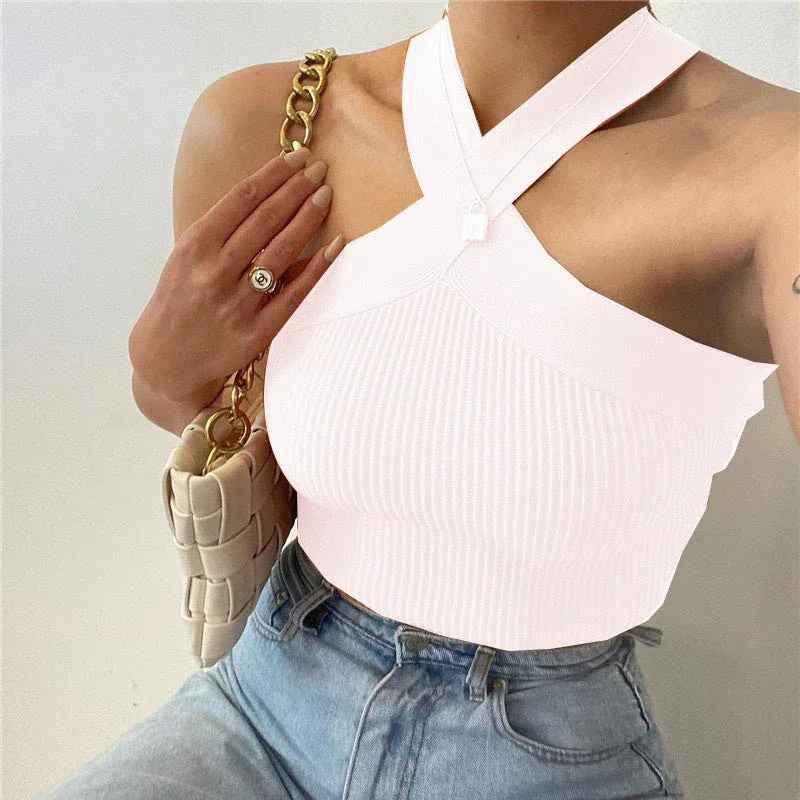 Black women's silhouette stretch halter top by Stylish 3Sixty5, featuring a fitted design and halter neckline, shown on a white background.