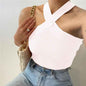 Black women's silhouette stretch halter top by Stylish 3Sixty5, featuring a fitted design and halter neckline, shown on a white background.