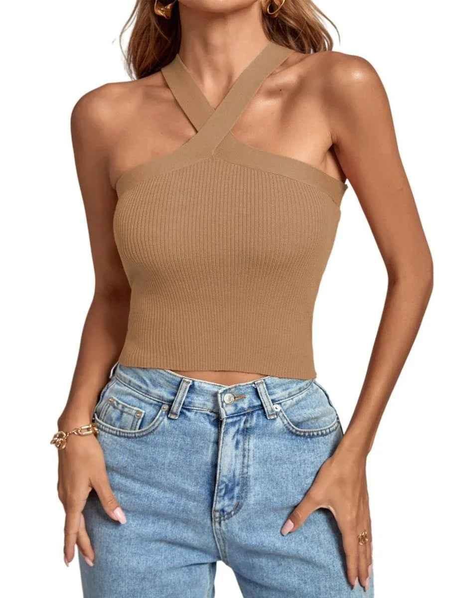 Black women's silhouette stretch halter top from Stylish 3Sixty5, featuring a fitted design and halter neckline.