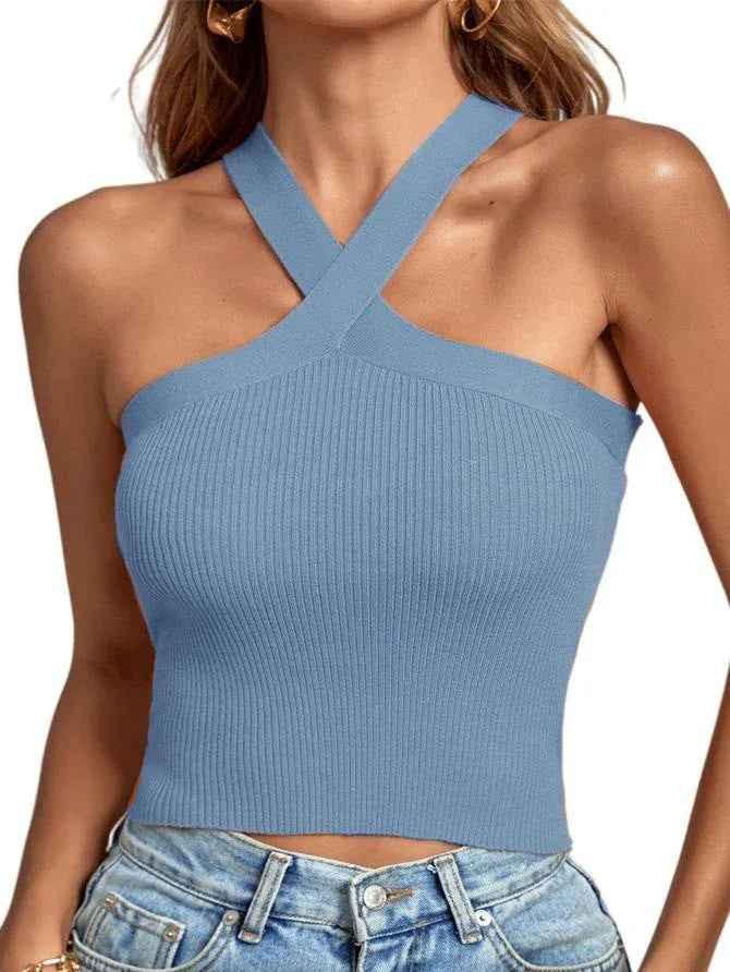 Black women's silhouette stretch halter top by Stylish 3Sixty5, showcasing a fitted, stylish sleeveless design for casual or dressy wear.