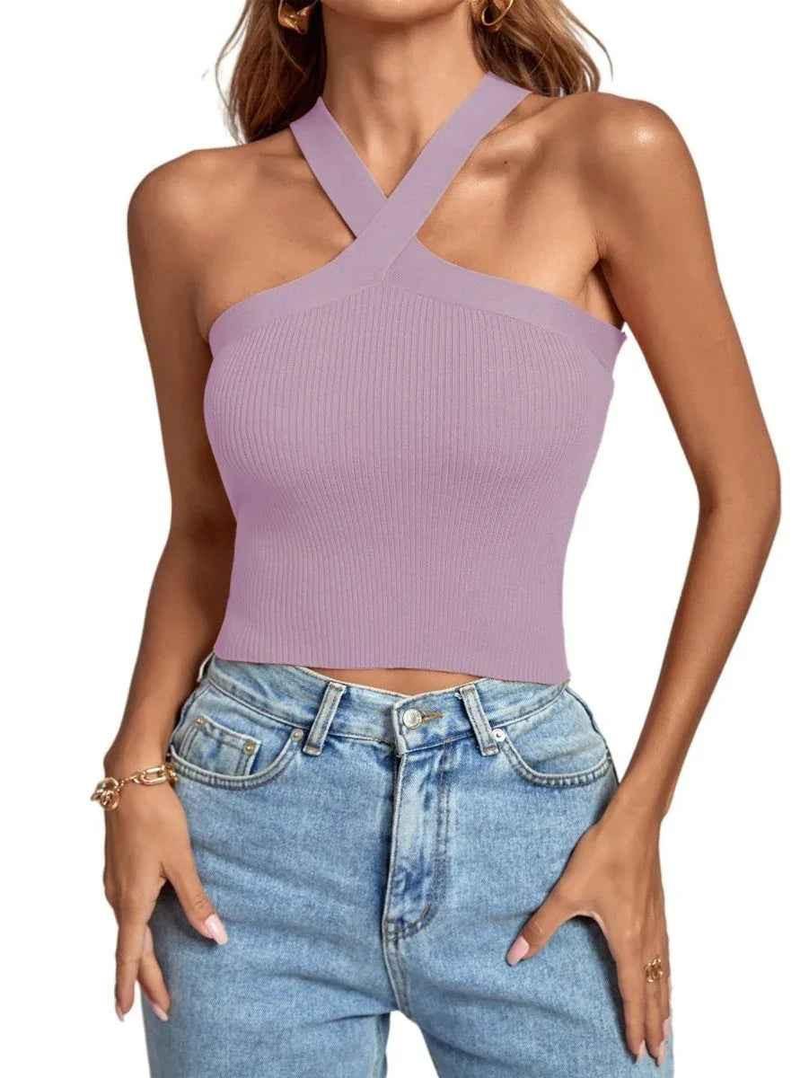 Black women's silhouette stretch halter top from Stylish 3Sixty5, featuring a fitted design and halter neckline.