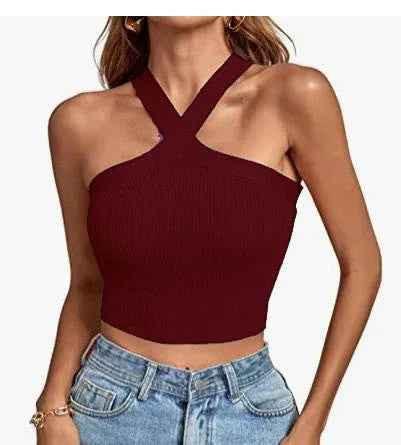Black women's silhouette stretch halter top by Stylish 3Sixty5, featuring a fitted design and halter neckline.