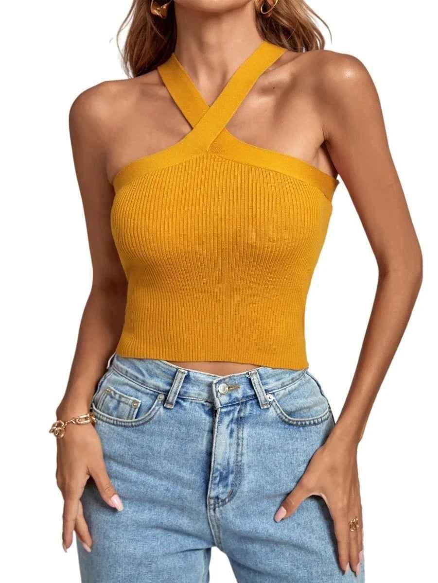 Black women's silhouette stretch halter top by Stylish 3Sixty5, featuring a fitted design and halter neckline.