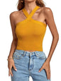 Black women's silhouette stretch halter top by Stylish 3Sixty5, featuring a fitted design and halter neckline.