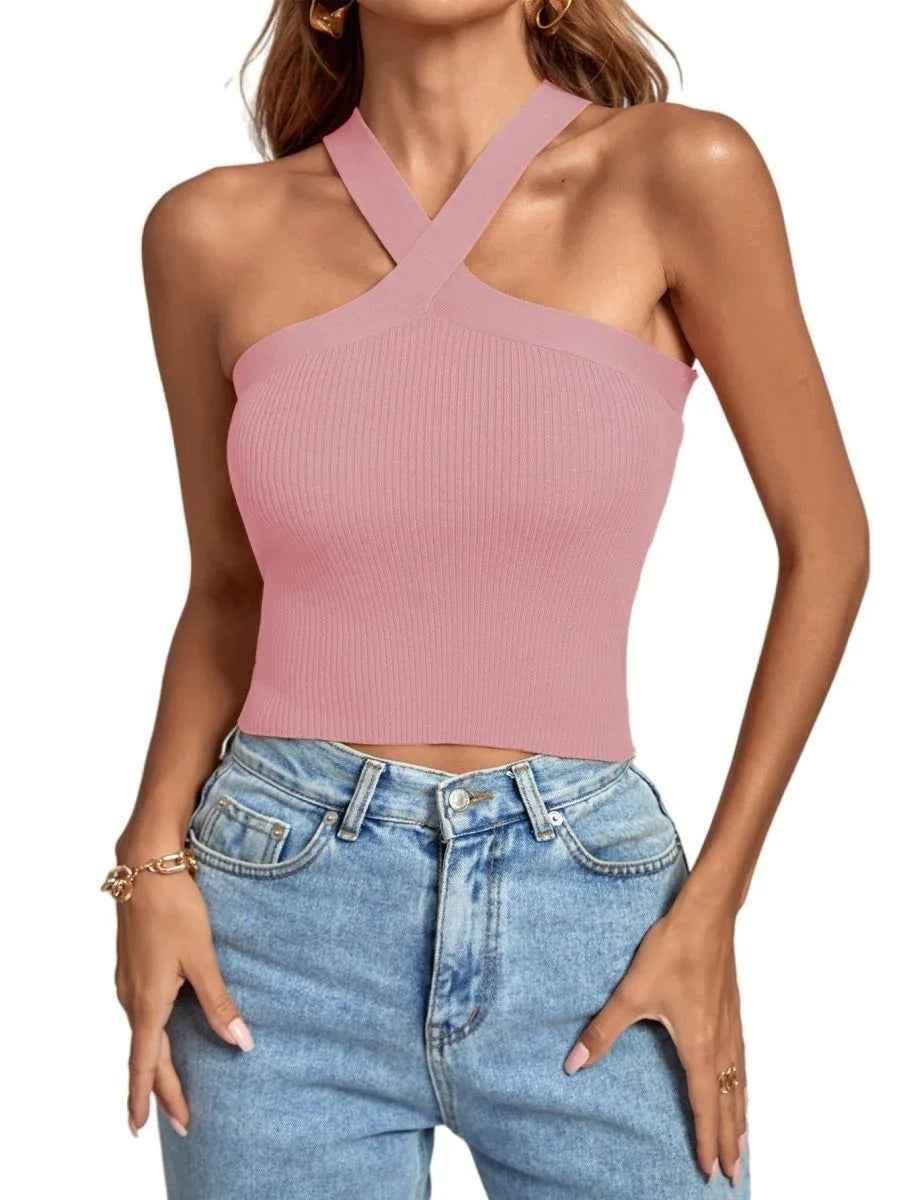 Black women's silhouette stretch halter top by Stylish 3Sixty5, shown on a model, highlighting its fitted design and halter neckline.