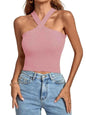 Black women's silhouette stretch halter top by Stylish 3Sixty5, shown on a model, highlighting its fitted design and halter neckline.