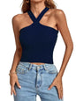 Black women's silhouette stretch halter top from Stylish 3Sixty5, featuring a fitted, sleeveless design for a stylish look.