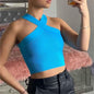 Black women's silhouette stretch halter top by Stylish 3Sixty5, featuring a fitted sleeveless design for a sleek look.