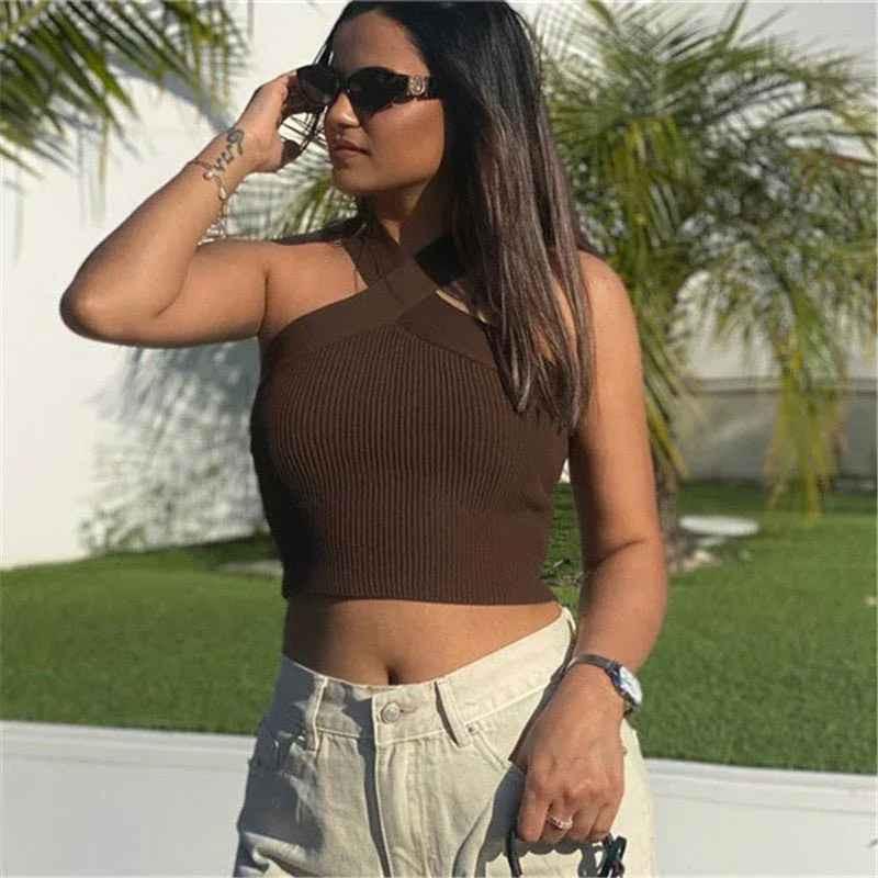 Black women's silhouette stretch halter top by Stylish 3Sixty5, showcasing a fitted, sleeveless design with a halter neckline.