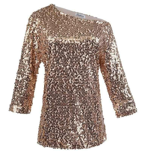 Pink Glam Sequin Shoulder Top by Stylish 3Sixty5, featuring shimmering sequins and a stylish shoulder design.