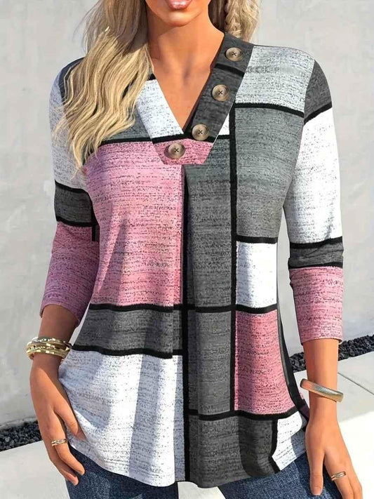 Pink Women's Seraph V-Line Button Knit Top by Stylish 3Sixty5, featuring a fitted V-neck design and button details.