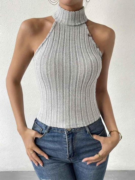 Black Stylish 3Sixty5 tight ribbed knit top for women, close-up of fitted, textured knit fabric and scoop neckline.