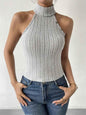 Black Stylish 3Sixty5 tight ribbed knit top for women, close-up of fitted, textured knit fabric and scoop neckline.
