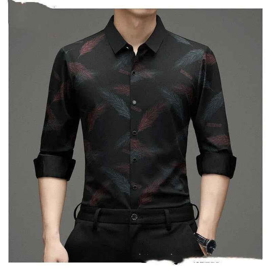 Red stylish men's long sleeve fashion shirt by Stylish 3Sixty5, shown on a model, with a classic collar and button details.