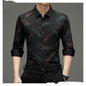 Red stylish men's long sleeve fashion shirt by Stylish 3Sixty5, shown on a model, with a classic collar and button details.