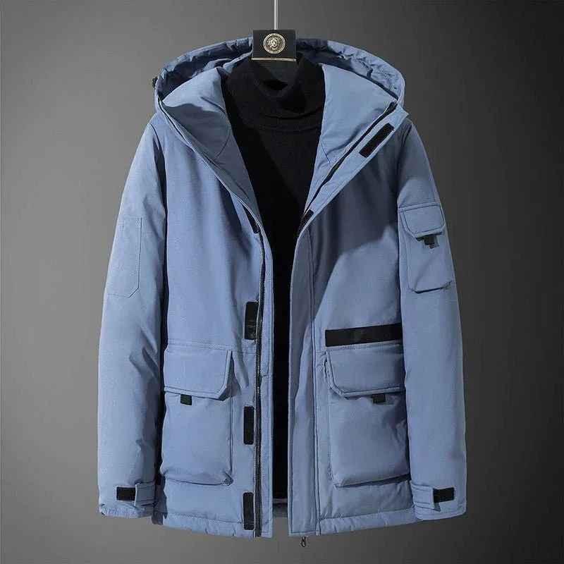 White Campus Quest all-weather unisex coat by Stylish 3Sixty5, shown from the front with hood and zipper details.
