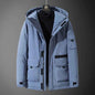 White Campus Quest all-weather unisex coat by Stylish 3Sixty5, shown from the front with hood and zipper details.