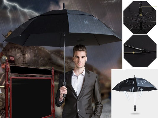Black Double-Canopy Umbrella Windproof 150CM Large Auto-Open +Cover dealonline.co.nz