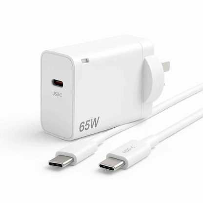 Techplus 65W USB-C fast charger with Power Delivery and cable options, compact design for quick device charging.