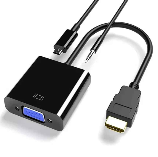 Techplus HDMI to VGA converter adapter with audio and USB ports, showing connection cables and ports on the device.