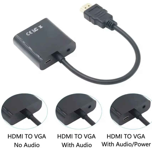 Techplus HDMI to VGA converter adapter with audio and USB ports, suitable for connecting HDMI devices to VGA displays.