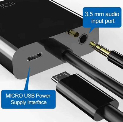 Techplus HDMI to VGA converter adapter with audio and USB ports, showing the compact cable with connectors for video and audio transfer.