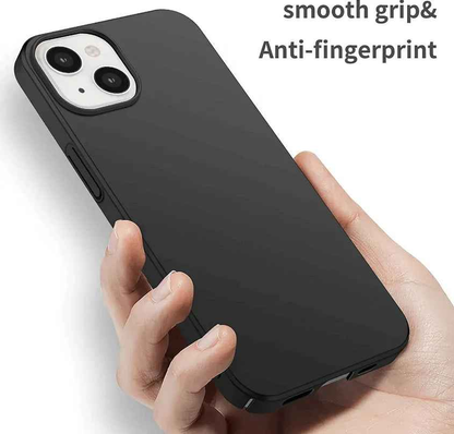 Black silicone case for iPhone 14 Plus by TechPlus, soft protective cover with a smooth finish and precise cutouts.