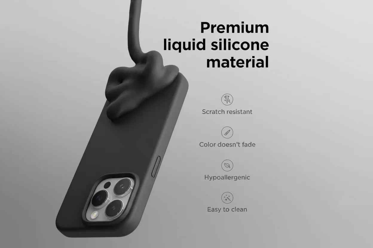 Techplus iPhone 14 Pro silicone case in black, blue, and red showing soft, protective cover fitting the smartphone.