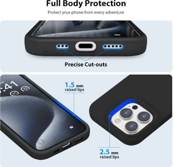 Techplus iPhone 14 Pro silicone case in black, blue, and red with soft, protective cover and sleek design.