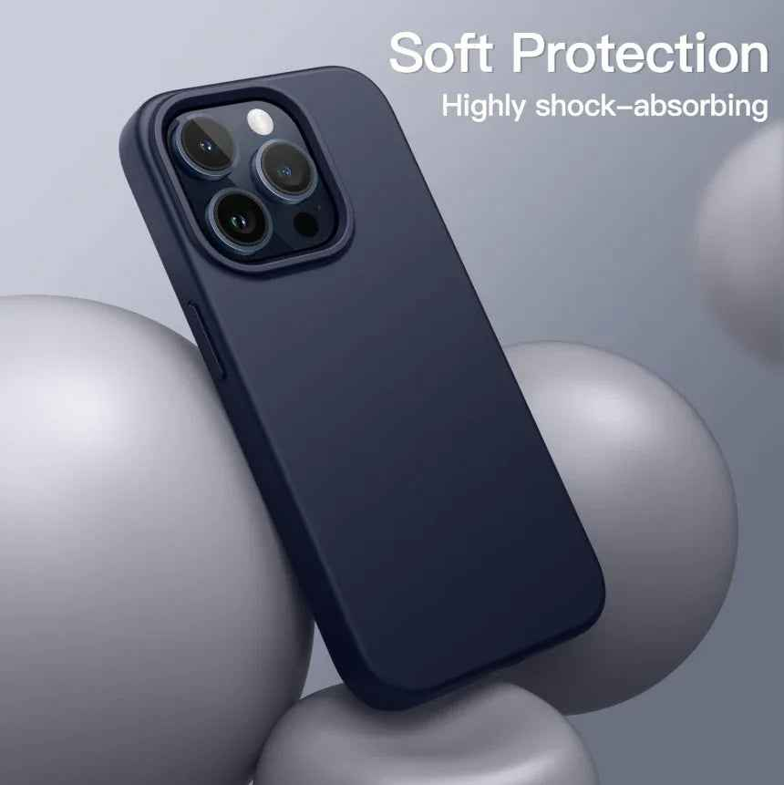 Techplus iPhone 14 Pro silicone case in black, blue, and red, soft protective cover with smooth finish.