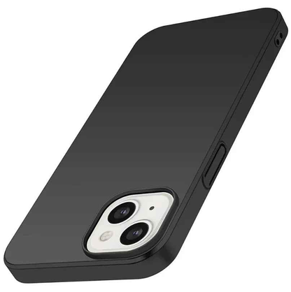 Black silicone case for iPhone 14 by techplus, soft protective cover with smooth texture and snug fit.