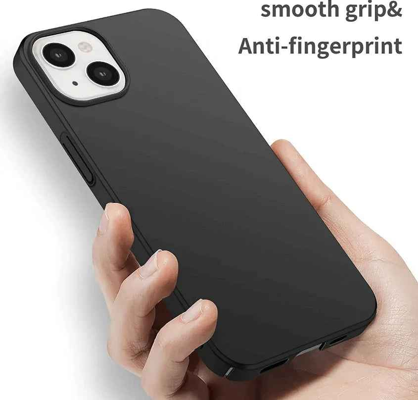 Black TechPlus silicone case for iPhone 14, soft protective cover with a smooth finish and precise cutouts for buttons and ports.