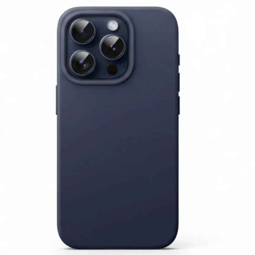 TechPlus silicone case for iPhone 15 Pro Max in black, blue, and red, showcasing a soft, protective cover with a smooth finish.