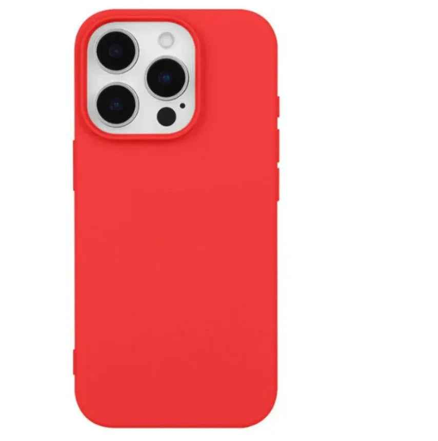TechPlus silicone case for iPhone 15 Pro in black, blue, and red, showing a soft, protective cover with a smooth finish.