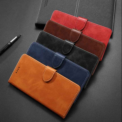Black TechPlus iPhone 15 Pro wallet case with slim leather flip cover and built-in card holder, designed for protection and convenience.