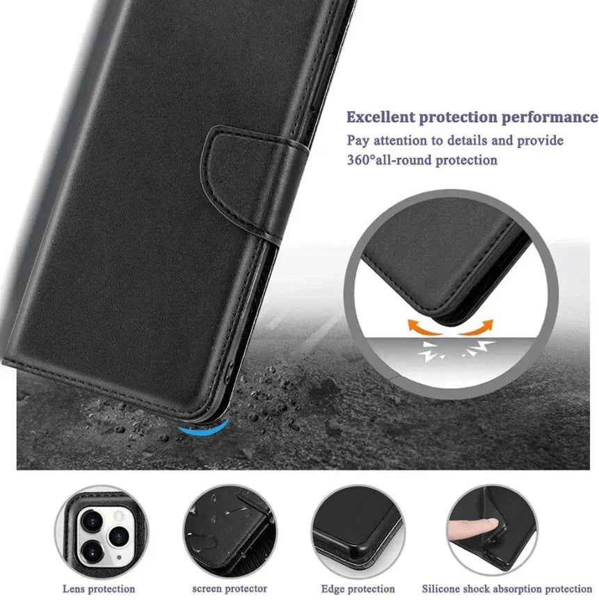 Black TechPlus iPhone 15 Pro wallet case with slim leather flip cover and card holder for secure phone and card storage.